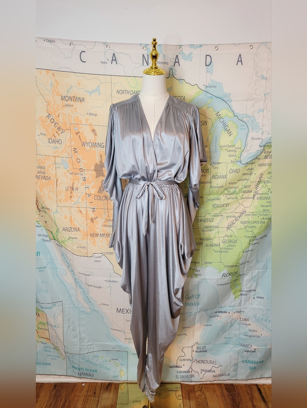 Vintage Silver Disco Jumpsuit V-neck Long Sleeves One Size Fits All
